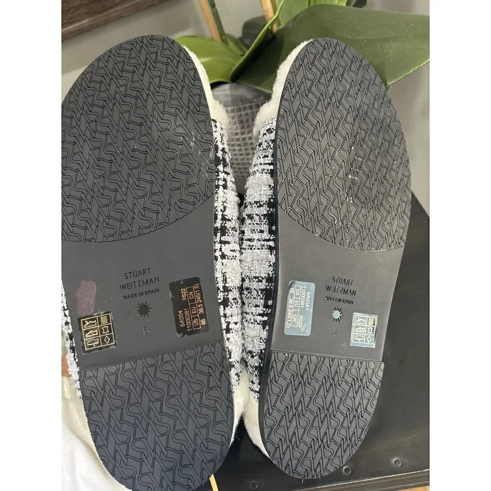 Stuart Weitzman Piper Chill Shearling Lined Tweed Pearl Slides White Black 8